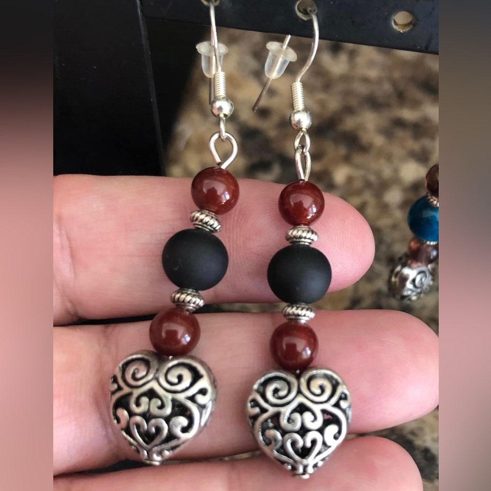 Handmade Artisan gorgeous hanging beaded earrings with silver hearts OOAK!
